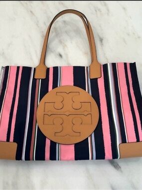 TORY BURCH Large Ella Nylon and Faux Leather Tote Bag Purse Stripes